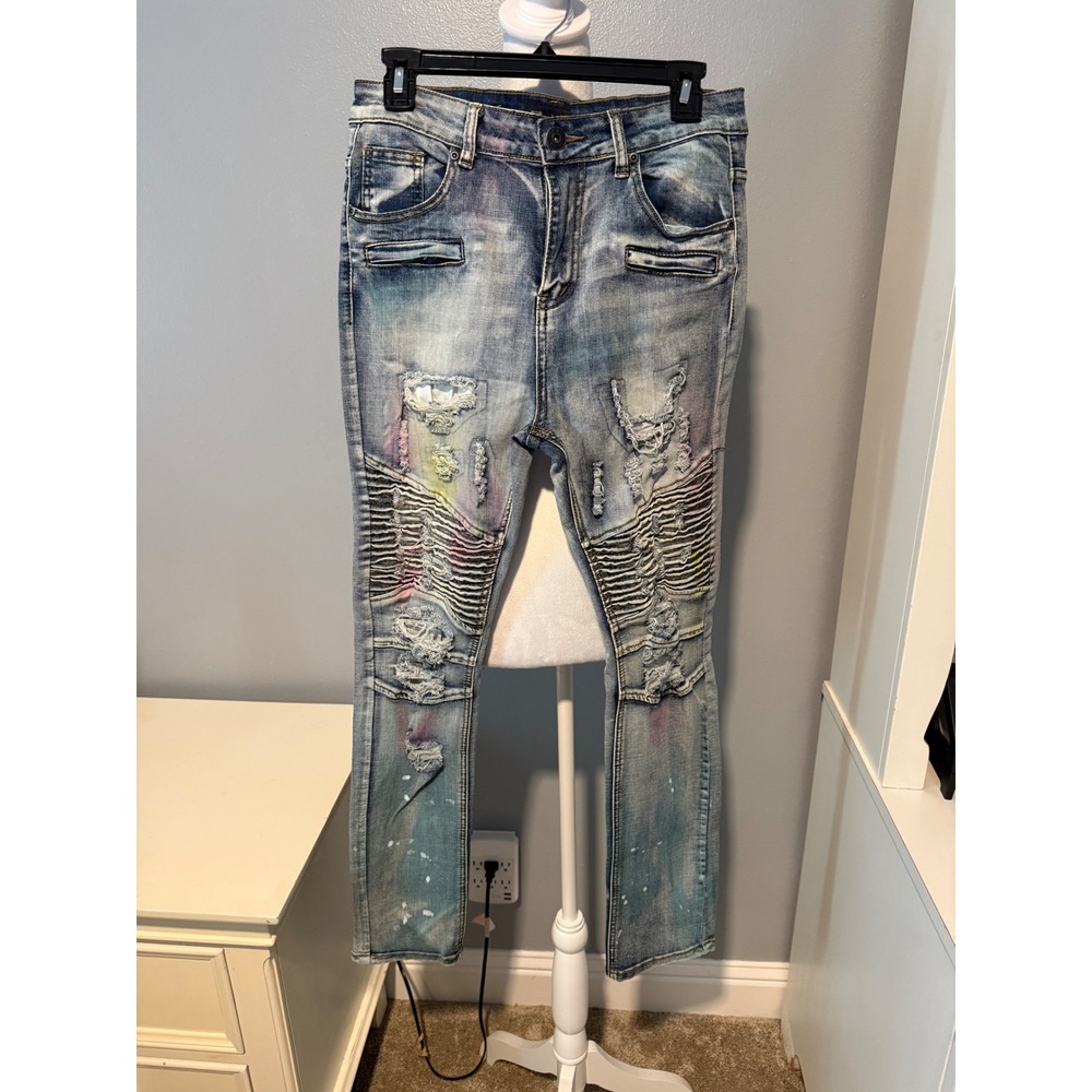 Waimea Boy Skinny Fit Moto Jeans Light Wash Distressed Paint Splatter Size 18
